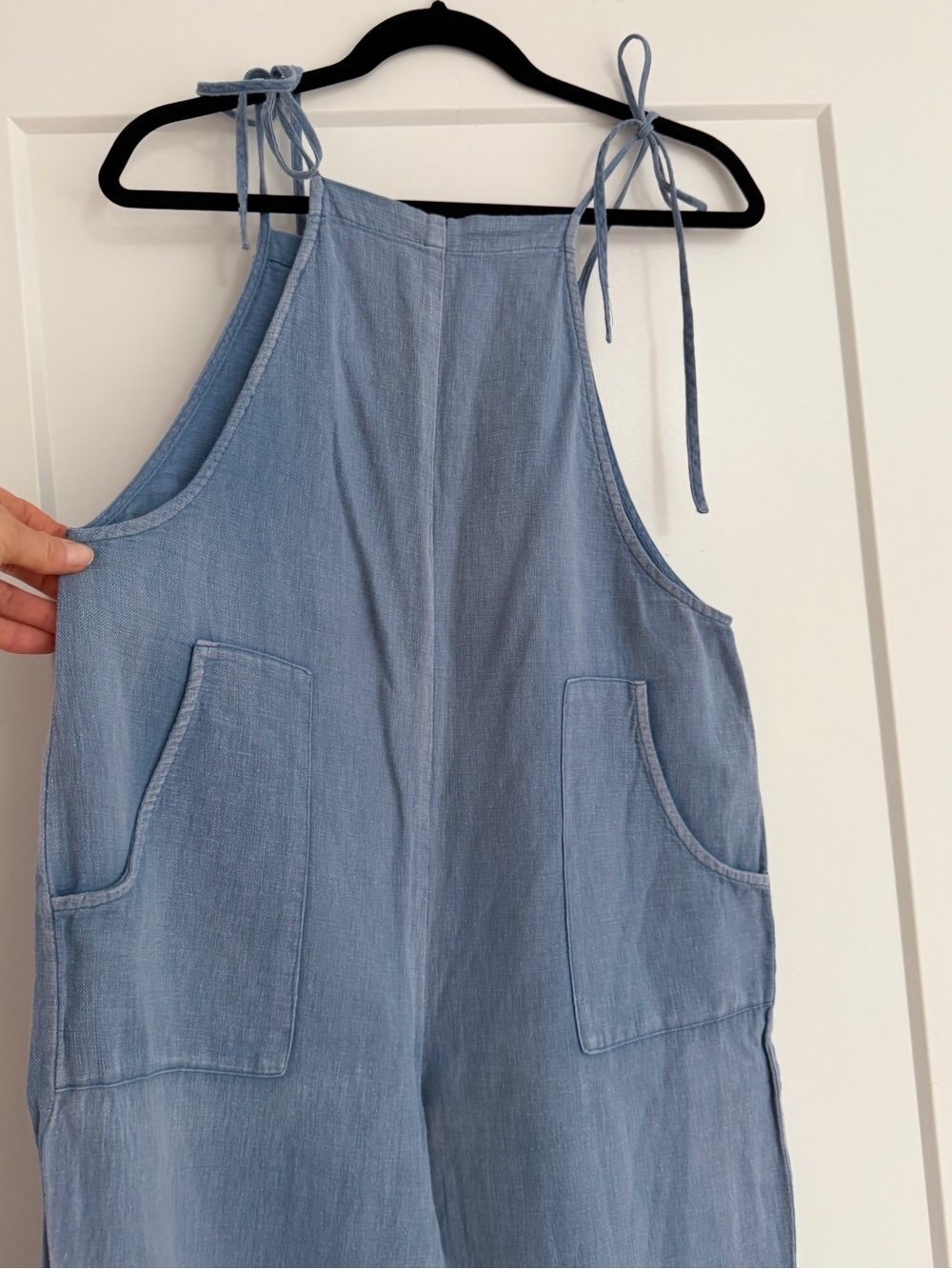 lovestitch Light Blue Tie-Shoulder Linen/Cotton Blend Romper, Size Small
